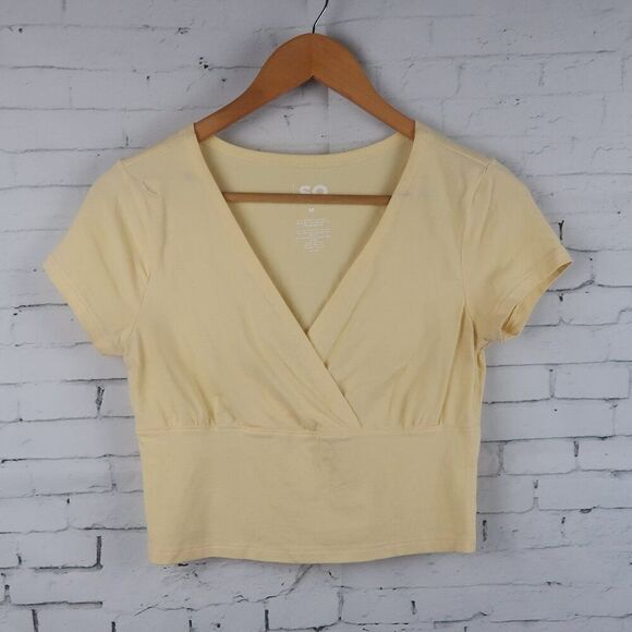 SO YELLOW SHORT V NECK MOCK WRAP CROPPED TOP SIZE MEDIUM - Picture 1 of 6